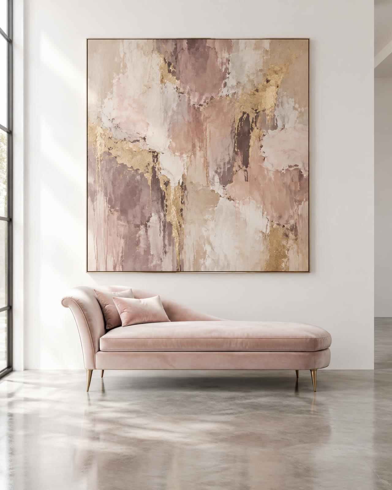 A large abstract painting in mauve and gold above a blush chaise